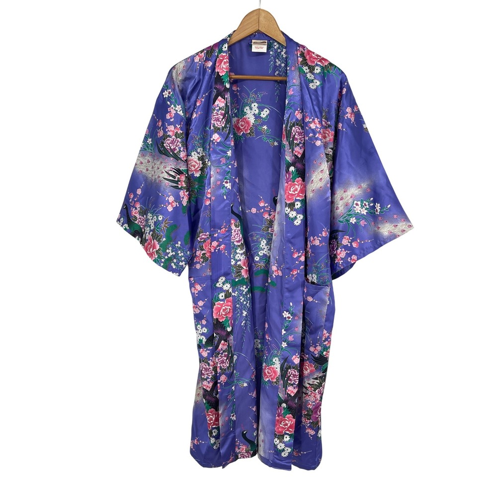 Vintage‎ Floral Peacock Purple Pocket Japanese Kimono Robe Made in Japan Flowy